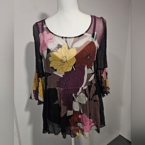 Plenty By Tracy Reese Giardot Floral Silk Blouse Ruffle Hem Bell Sleeves Size M